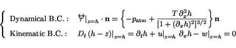 \begin{displaymath}
\left\{%%
\begin{array}{ll}
\mbox{Dynamical B.C.}: &
\le...
...ial_x {h} - \left.w\right\vert _{z=h} = 0
\end{array} \right.
\end{displaymath}